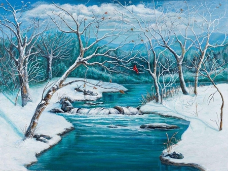 WINTER BLUES - sky, trees, winter, stream, cardinal, clouds, blue, snow, redbird