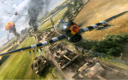 Typhoon Attack - attack, tank, war, hawker, plane, cgi, typhoon, ww2, painting, classic, antique, wwii, drawn