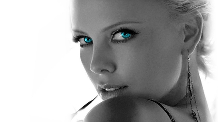 Blue Eyes - blue, charlize theron, eyes, earrings, face, actress