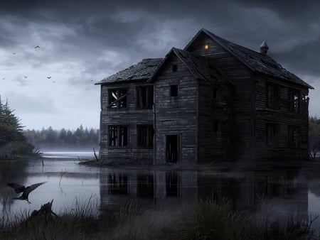 a ravens haven - house, birds, raven, gothic, haunted, dark, scary, black, spooky, crow, halloween, creepy