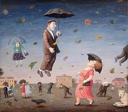 B. Lyubarov. The leaves are falling, people are flying. 2011. - people, fly, painting, b lyubarov, art