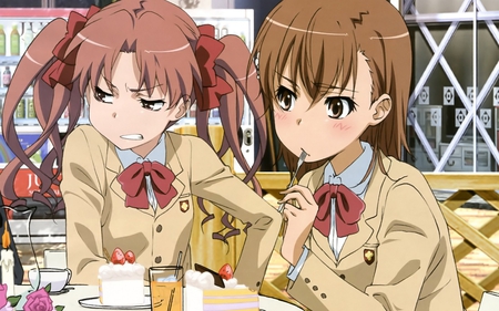 Mikoto Misaka and Shirai Kuroko - mikoto misaka, twin tails, school uniform, short hair, shirai kuroko, toaru majutsu no index, food, toaru kagaku no railgun