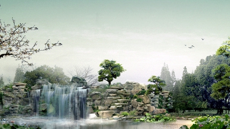 Waterfalls - trees, park, flowers, pond, firefox persona, waterfall, rocks, birds