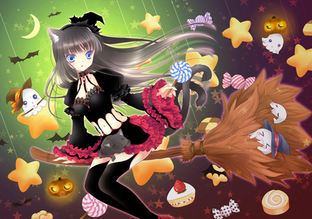 Halloween Girl - witch, hallowee, broomstick, halloween, pumpkin, love, candy