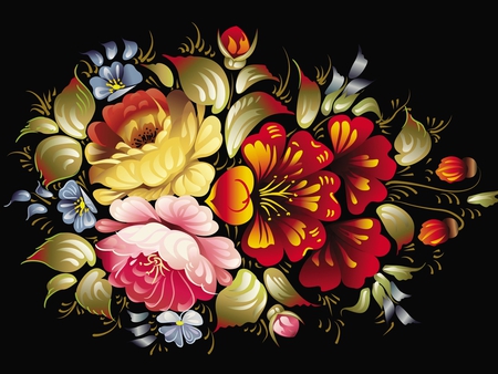 Zhostovo paint - flowers, russia, nice pure colors, technical, method, shostovo, handpainting