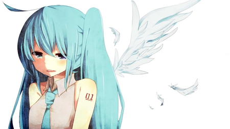 Hatsune Miku - tie, pretty, artistic, tears, angel, uniform, sad, nice, program, beauty, virtual, cg, white, wings, cute, aqua eyes, feathers, song, vocaloid, anime, blue, twintail, hatsune miku, music, aqua, art, oufit, idol, anime girl, beautiful, singer, girl, cool, cry, black, miku, awesome, diva, digital, aqua hair, hatsune, vocaloids