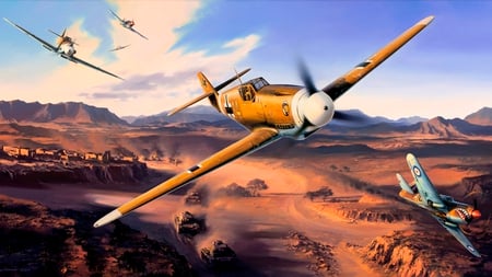 Desert Warfare - desert, me109, messerschmitt, tanks, p-40, warhawk, plane, drawing, ww2, painting, classic, curtiss, art, antique, wwii, p40