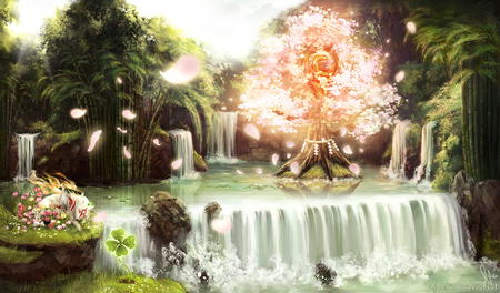 Guardian Sapling - okami amaterasu, guardian sapling, okami, water, cherry blossoms, peaceful