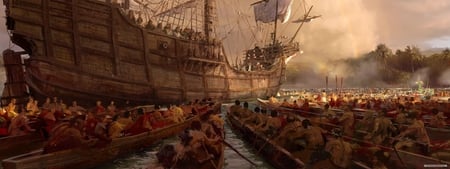 Age of Empires - ship, digital art, video game, age of empires, fantasy, dual screen, cg, boat