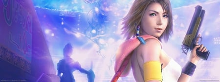 Final Fantasy - pretty, gun, digital art, girl, beauty, dual screen, final fantasy, cg, fantasy, action, video game