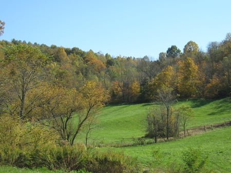 Autum in the hills - hills, tress, blue, green, colors, feilds, sky