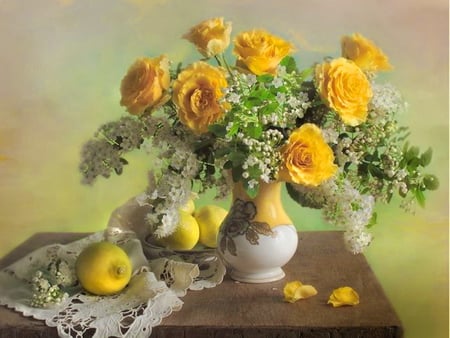 Still life - roses, flowers, vase, yellow, still life, nature