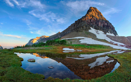 Landscape - lake, sky, landscape, mountains, nature, reflection, blue, beautiful, clouds, green, stones, grass