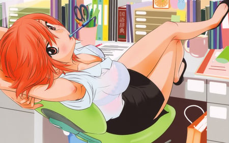 sup' - anime, female, book, hot, dress, top, girls, head, black, desk, red, cute, sexy