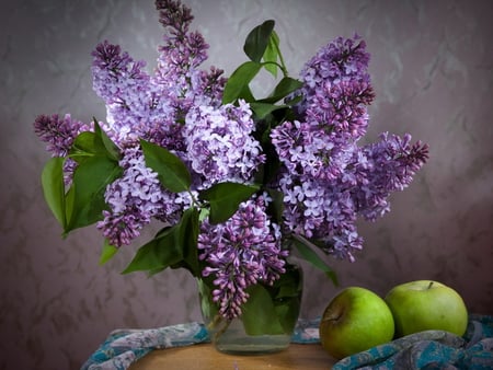 Still life - nature, beautiful, flowers, lilac, still life, apples, vase