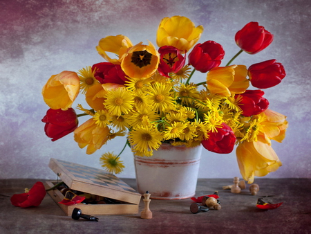 Still life - vase, poppies, yellow, book, beautiful, still life, flowers, daisies, red