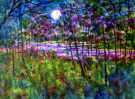 Evening Water - moon, painting, water, trees