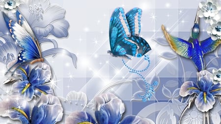 Blues on Blue and Stars - butterfly, stars, hummingbird, blue, summer, flowers, iris