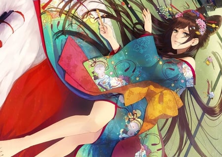 Anime - anime, scroll, red, flowes, kimono