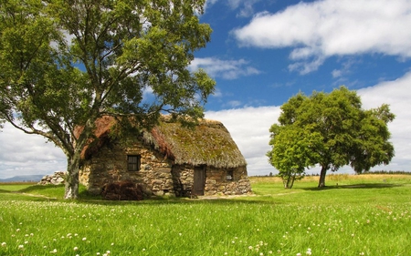 My Simple Home - clouds, house, trees, scenery, fields, beautiful, landscape, simple, grass, home, nature, view, sky