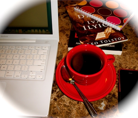 Morning greetings for my friends ;) - morning, coffee, laptop, posts, wonderful, cup, entertainment, spend time, internet, desktopnexus, together, red, books, friends, friendship, feeligs