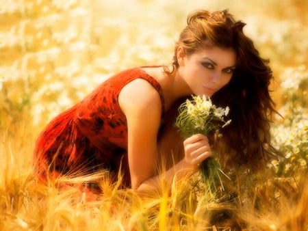 daydreaming - dreams, woman, daydreaming, red, day, field, flowers