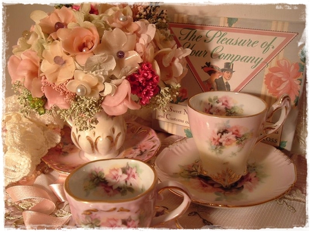 tea time - china, romantic, pink, tea, flowers, time