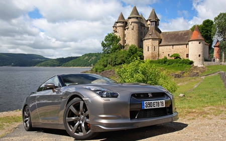 New Car Old Castle - car, gtr, lake, mountains, castle, nissan, pekb