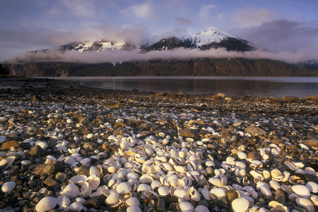 Pebbled Beach - clouds, water, mountains, beach