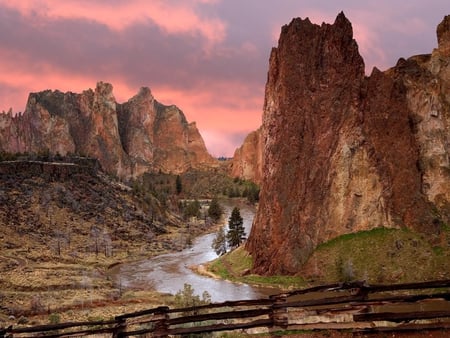 Rocky Sunrise - fence, mountains, sunrise, river