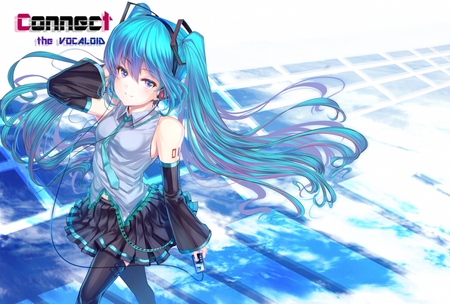 Hatsune Miku - outfit, virtual, miku, digital, vocaloids, song, leggings, microphone, uniform, singer, cool, pink, headphones, awesome, vocaloid, thighhighs, anime, twintail, blue, cg, aqua hair, hatsune, black, cute, beautiful, hot, girl, anime girl, white, stockings, program, aqua eyes, artistic, pretty, aqua, thigh highs, beauty, art, diva, wire, nice, sexy, idol, headset, music, hatsune miku