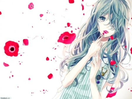 hatsune miku - anime, hatsune miku, green hair, emotional, green dress, miku, sad, lipstick, other