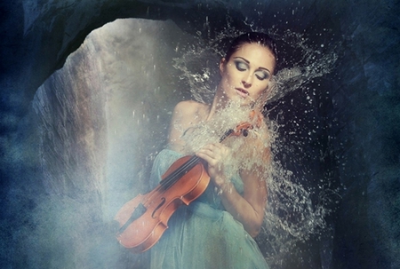 Woman With Violin - water, woman, violin, beautiful