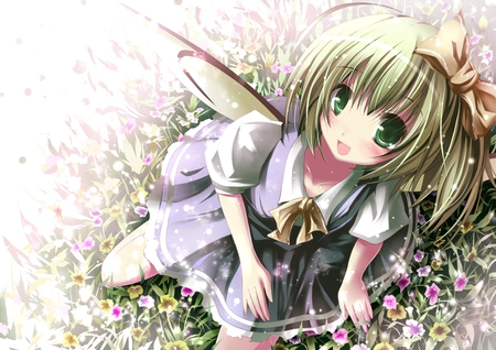 Daiyousei - girl, daiyousei, wings, anime girl, kawai, touhou, green eyes, pretty, anime, flowers, cute, short hair