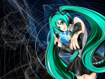 Hatsune Miku - aqua, thigh highs, headset, thighhighs, music, anime girl, stockings, white, art, cool, aqua eyes, artistic, hatsune miku, skirt, leggings, light, song, vocaloids, program, glow, vocaloid, pink, beautiful, uniform, diva, beauty, nice, twintail, singer, aqua hair, black, virtual, pretty, idol, anime, miku, cute, girl, cg, hatsune, microphone, blue, headphones, tie, awesome, digital, outfit