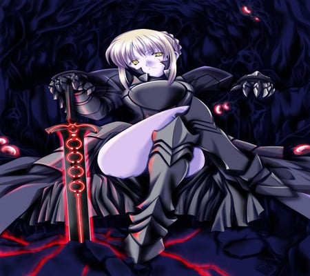 Saber Alter - saber, yellow eyes, anime, fate unlimited codes, female, saber alter, gauntlets, girl, sword, blonde hair, long hair, armour, armor, weapon, sitting, fate stay night