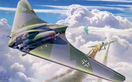 German Flying Wing - german, ww2, jet, horten, plane, painting, flying, art, go229, wwii, wing, turbo