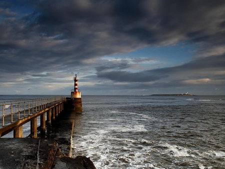 Lighthouse - sky, pier, lighthouse, clouds, sea, waves