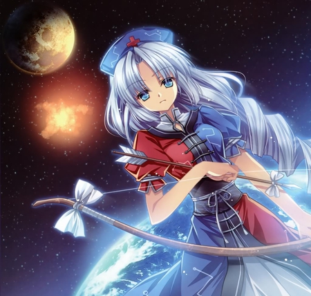 Eirin - touhou, space, blue, red