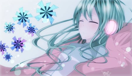 Hatsune Miku - sleeping, headset, music, anime girl, art, cool, aqua eyes, artistic, hatsune miku, light, song, snowflakes, dream, jacket, vocaloids, glow, program, vocaloid, snow, beautiful, diva, nice, beauty, twintail, singer, aqua hair, virtual, pretty, idol, anime, miku, cute, girl, closed eyes, cg, hatsune, microphone, headphones, flowers, digital, awesome