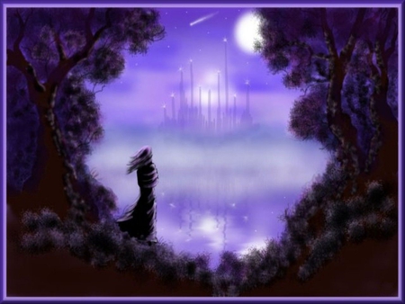 PURPLE DREAMS FOR LUIZA - moon, trees, female, purple, stars, reflection, home, castle