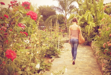 My gentle place - beautiful day, dreams, beauty, roses, lovely girl, park, place, road, nature, flowers, garden, dreamer