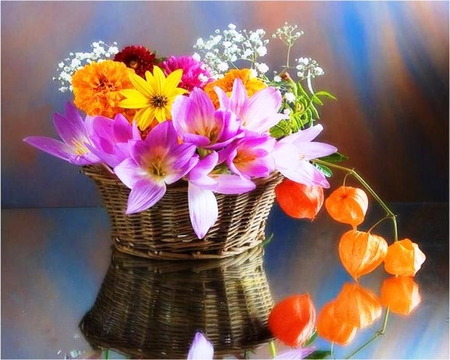 Basket of flowers for my friend Andonia - delicate, beauty, pink, still life, flowers, basket, colorful, different colors, nature, soft, color