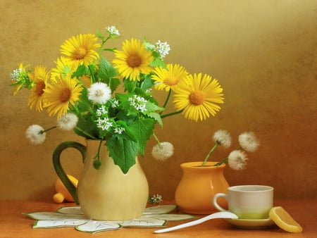 Still life - vase, yellow, beautiful, tea, still life, orange, flowers, daisies, cup