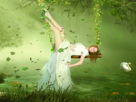 In paradise - woman, girl, paradise, green, fantasy, relax, heaven