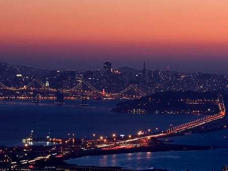 Night Falls - sky, sunset, bridge, skyscrapers