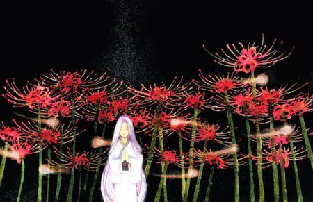 Anime - flowers, girl, praying, night