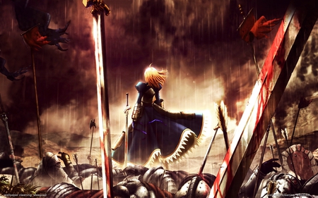 The King of Promised Victory - the king of promised victory, knight, anime girl, die, cgi, art, stay, victory, warrior, promised, blood, king, stand, beautiful, dress, woman, saber, female, brave, painting, pretty, anime, sword, death, girl, rain, fighter, night, drawing, of, fate, weapon, digital