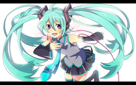 Hatsune Miku - aqua, thigh highs, headset, thighhighs, artistc, music, anime girl, stockings, white, art, cool, aqua eyes, artistic, hatsune miku, skirt, leggings, song, vocaloids, program, vocaloid, pink, beautiful, uniform, diva, beauty, nice, twintail, singer, aqua hair, black, virtual, pretty, idol, anime, miku, cute, girl, cg, hatsune, microphone, blue, headphones, tie, awesome, digital, outfit