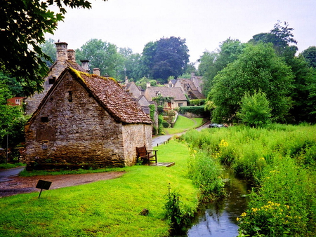 Riverside house - house, river, nature, grass, tree, sky